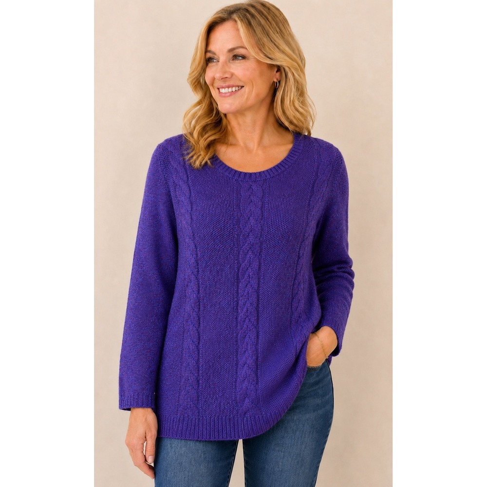 Talbots XL Purple Cable Knit Sweater‎ Back Zipper Cotton Blend Pullover Top Cozy